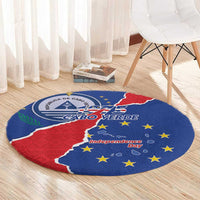 Round blue Cabo Verde Independence Day carpet with map, stars, and red flag section