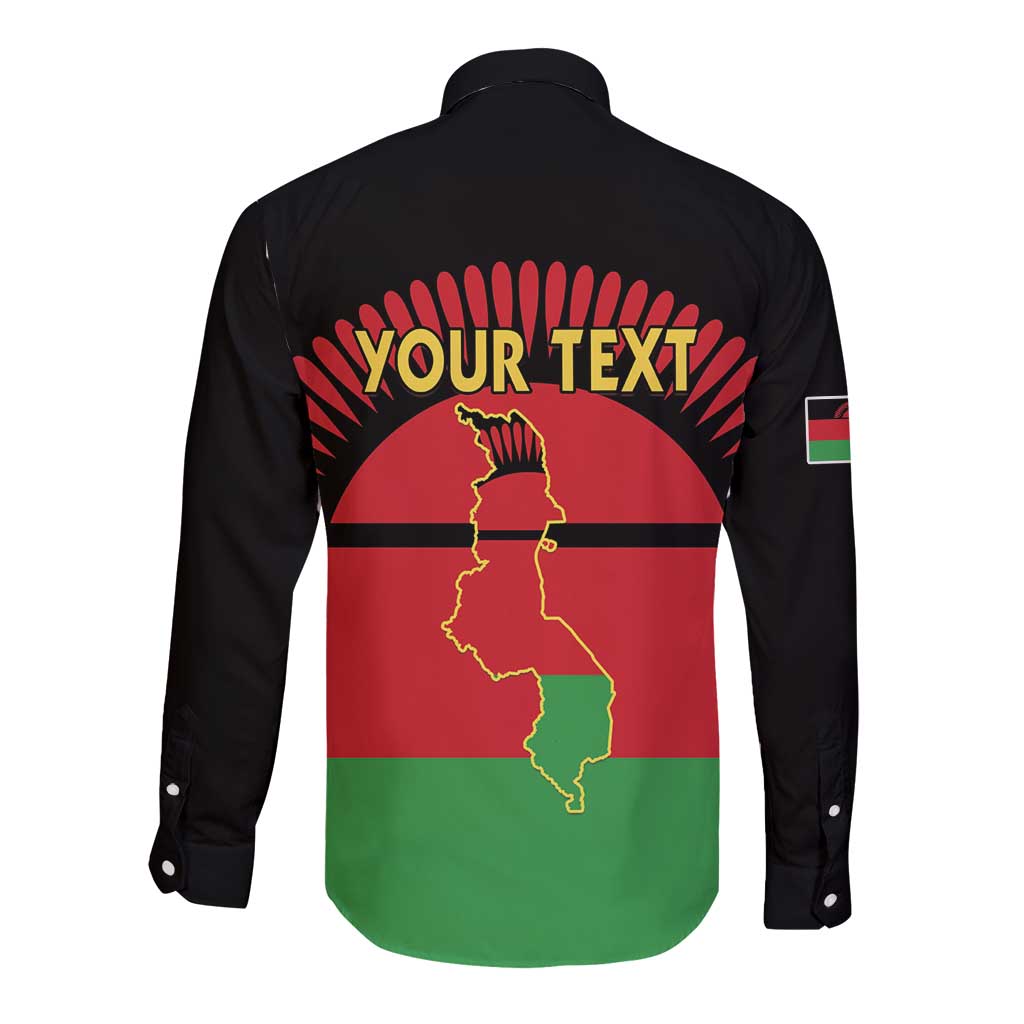 Black long-sleeve button shirt with back map graphic and 'YOUR TEXT' banner