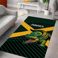 Jamaica area rug with bold green striped pattern, yellow cross, and “JAMAICA” title