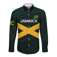 Unisex long-sleeve button rugby shirt, green striped black with Jamaica star graphic