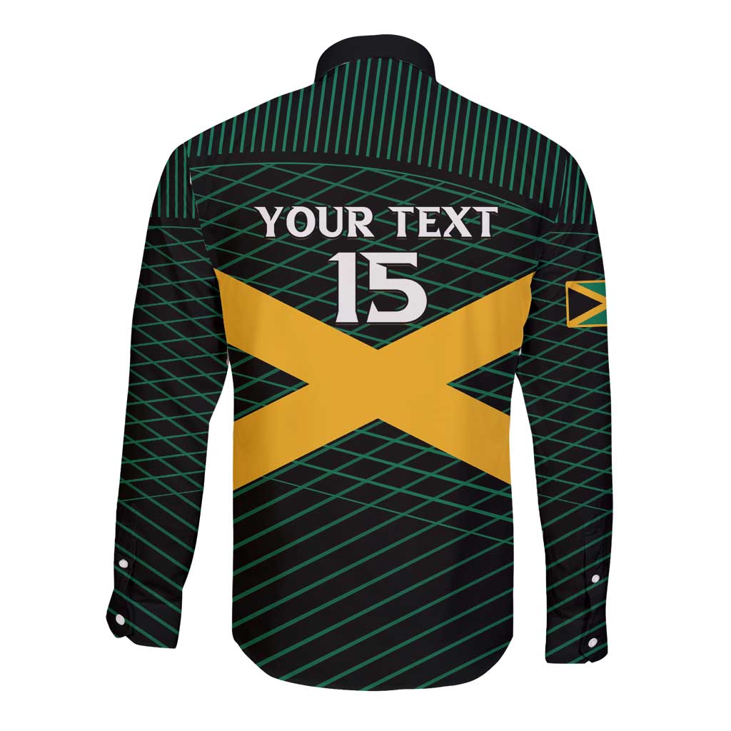 Unisex long-sleeve button rugby shirt, black with green stripes, back 'YOUR TEXT' 15