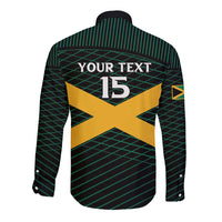 Unisex long-sleeve button rugby shirt, black with green stripes, back 'YOUR TEXT' 15