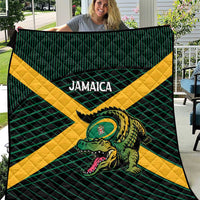 Rugby-themed quilt with green grid pattern, yellow cross, roaring crocodile graphic