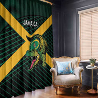 Green Jamaica rugby window curtain with yellow diagonal stripe and roaring animal graphic