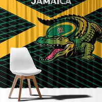 Green curtain panel with yellow diagonal stripe, Jamaica text, and roaring animal graphic