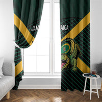 Green window curtain panels with yellow diagonal stripe and roaring animal graphic