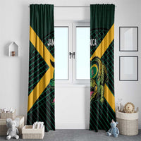 Green Jamaica window curtains with yellow diagonal stripe, animal crest, and grid pattern