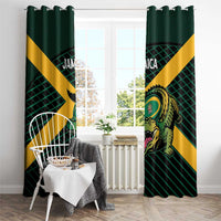 Green window curtains with yellow diagonal stripe, Jamaica text, and roaring animal graphic
