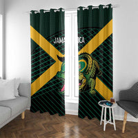 Green curtain panels with yellow diagonal stripe and Jamaica crest animal illustration