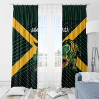 Green Jamaica window curtains with yellow diagonal stripes and animal crest, hung on rod