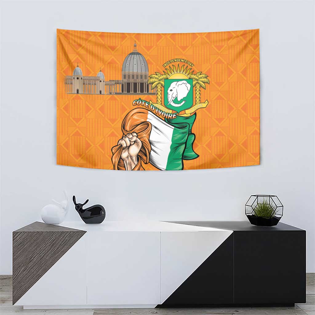 Orange tapestry featuring coat of arms emblem, green flag figure, and domed building