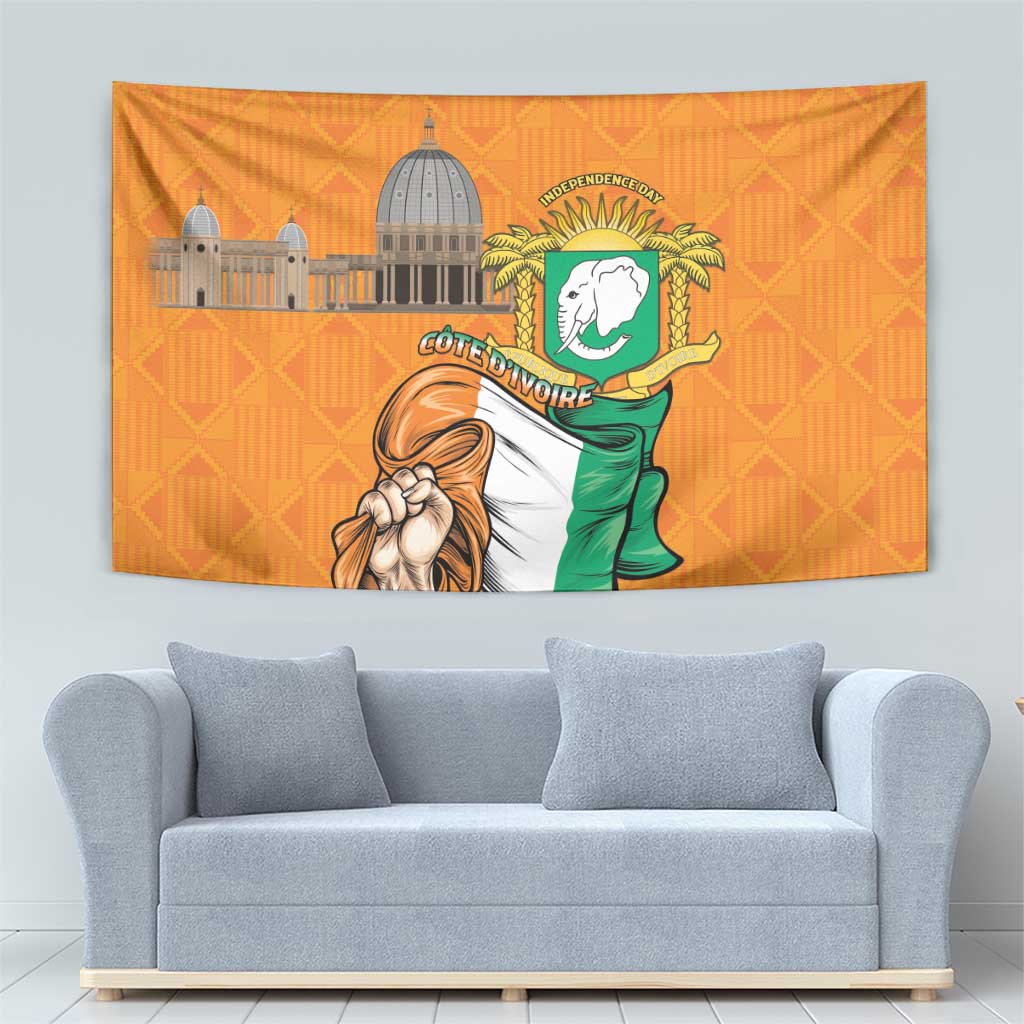 Orange tapestry with coat of arms badge, green flag figure, and building skyline