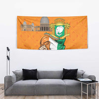 Orange tapestry with coat of arms illustration: green flag figure holding a flag