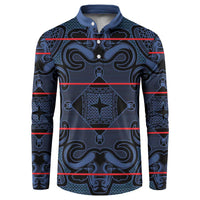 Blue patterned button sweatshirt with long sleeves and stand collar