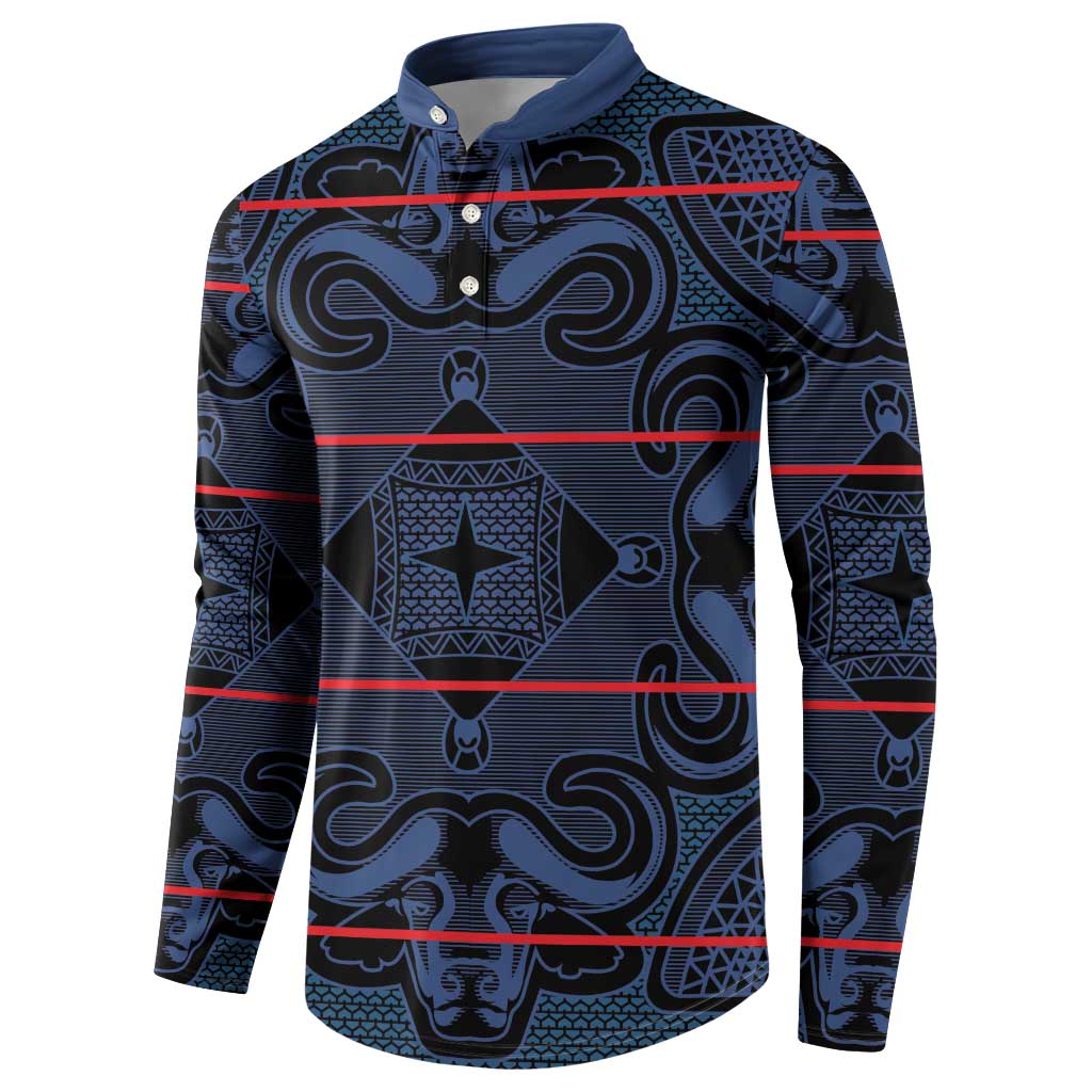 Blue patterned button sweatshirt, front view, long sleeves and button placket