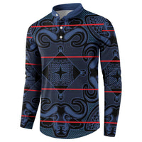 Blue patterned button sweatshirt, front view, long sleeves and button placket