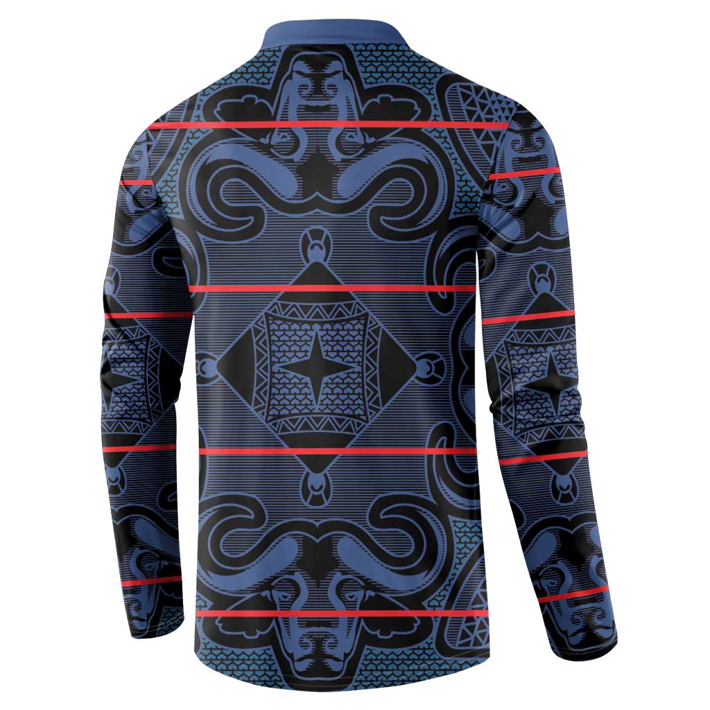 Blue patterned button sweatshirt back view with long sleeves and button placket
