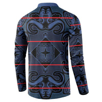 Blue patterned button sweatshirt back view with long sleeves and button placket
