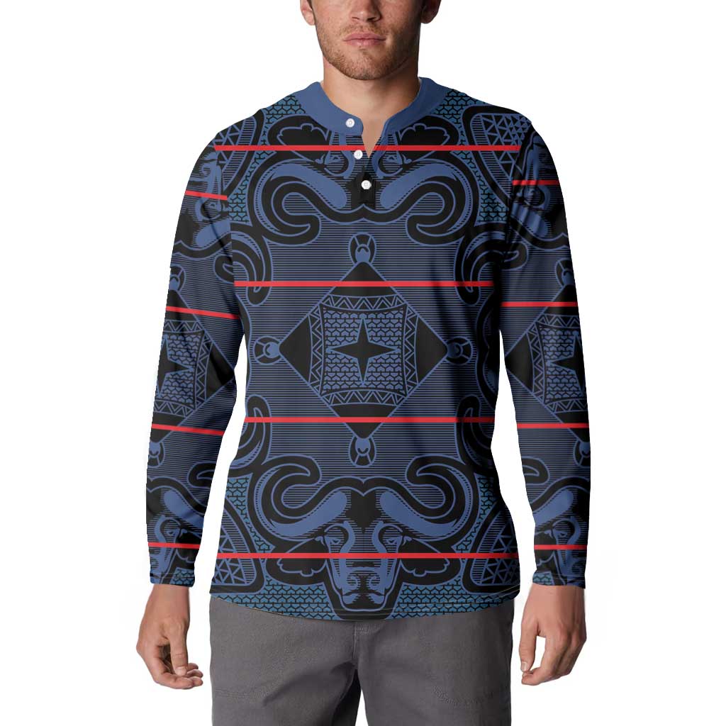 Blue patterned long-sleeve button sweatshirt worn by model, stand collar