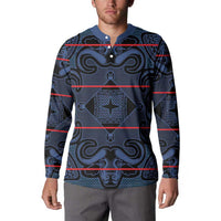 Blue patterned long-sleeve button sweatshirt worn by model, stand collar