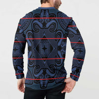 Blue patterned button sweatshirt back, long sleeves, curved hem
