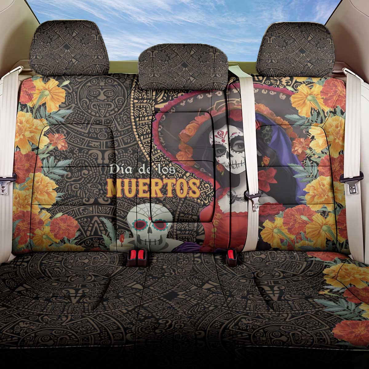 Mexico Day Of The Dead Back Car Seat Cover La Catrina Mix Cempasuchil Aztec Pattern - Wonder Print Shop