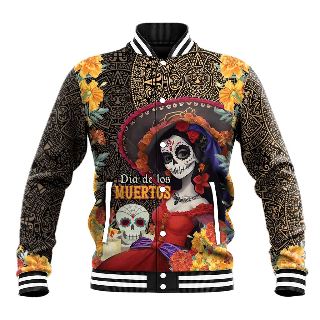 Front baseball jacket with Catrina skull artwork, Day of the Dead lettering, ribbed collar