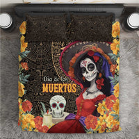 Day of the Dead duvet cover set on bed, black Aztec-style pattern and skull portrait