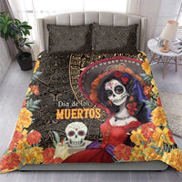 Day of the Dead bedding set with black pattern, skull face, marigold flowers, and orange-red figure