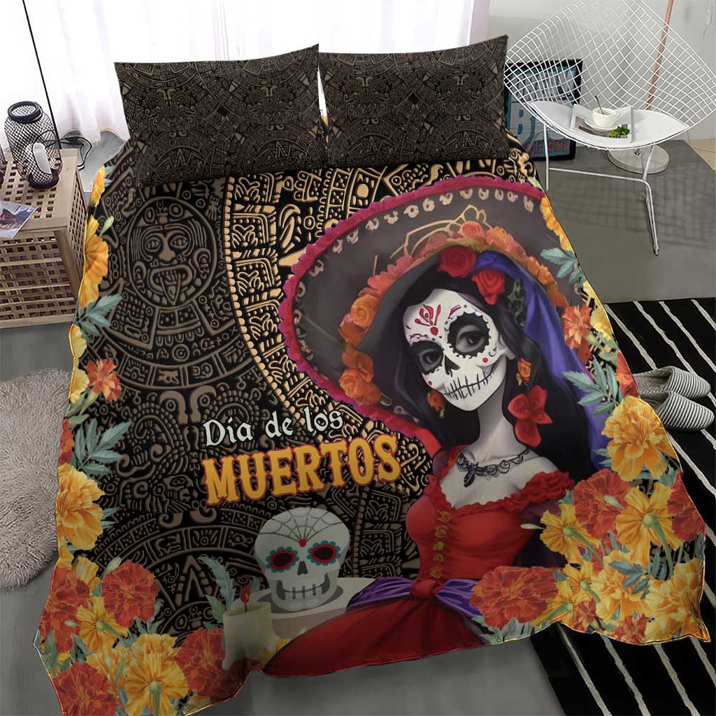 Day of the Dead bedding set with black geometric design, “Dia de los Muertos” text, skull figure