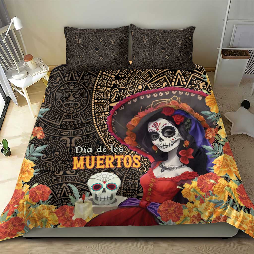 Day of the Dead bedding set on bed, black ornamental pattern with skull art and marigold blooms