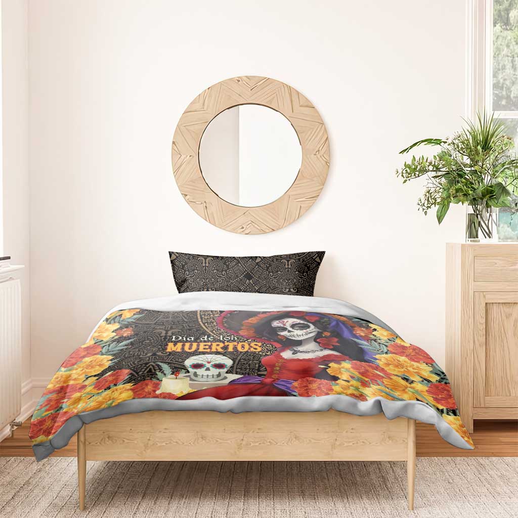 Day of the Dead bedding set on wooden bed, black skull panel with marigold flower border