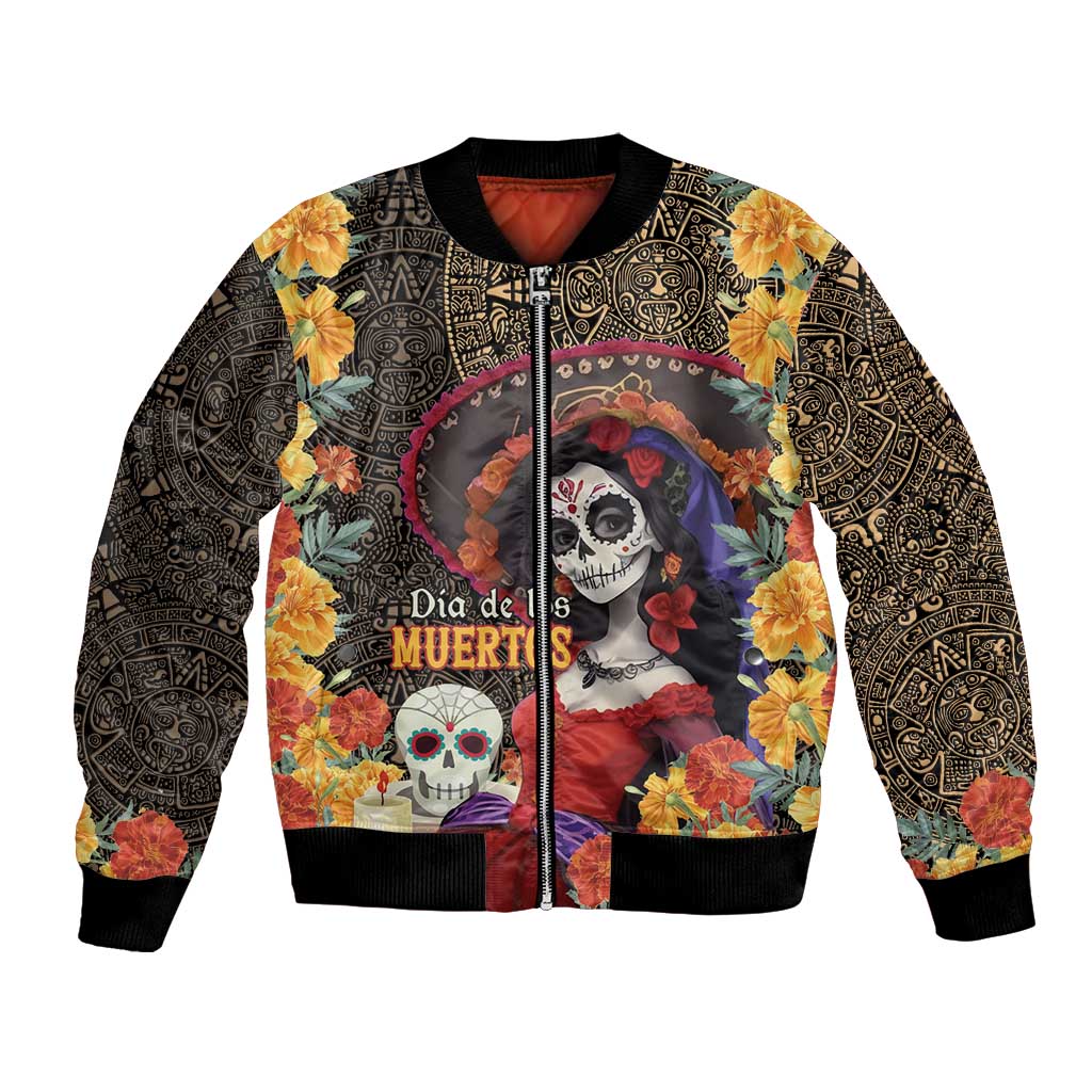 Unisex bomber jacket with ornate black/gold pattern, floral sleeves, front Day of the Dead graphic