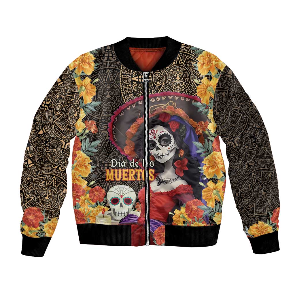 Mexico Day Of The Dead Bomber Jacket La Catrina Mix Cempasuchil Aztec Pattern - Wonder Print Shop