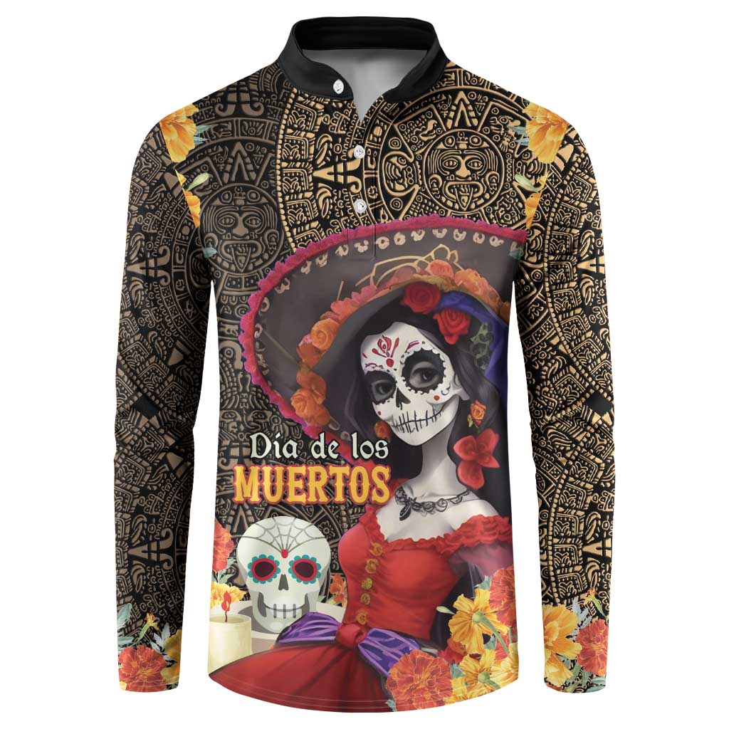 Gold long-sleeve button sweatshirt with Día de los Muertos Catrina graphic