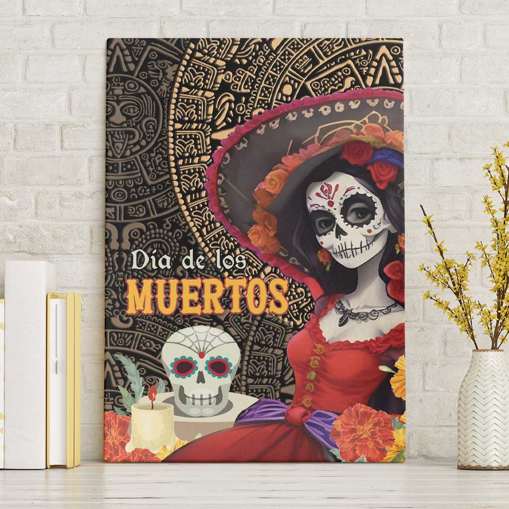 Mexico Day Of The Dead Canvas Wall Art La Catrina Mix Cempasuchil Aztec Pattern - Wonder Print Shop