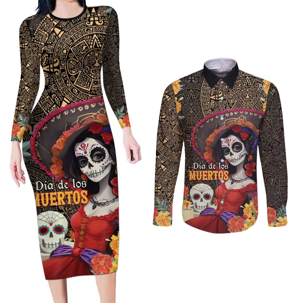 Mexico Day Of The Dead Couples Matching Long Sleeve Bodycon Dress and Long Sleeve Button Shirt La Catrina Mix Cempasuchil Aztec Pattern