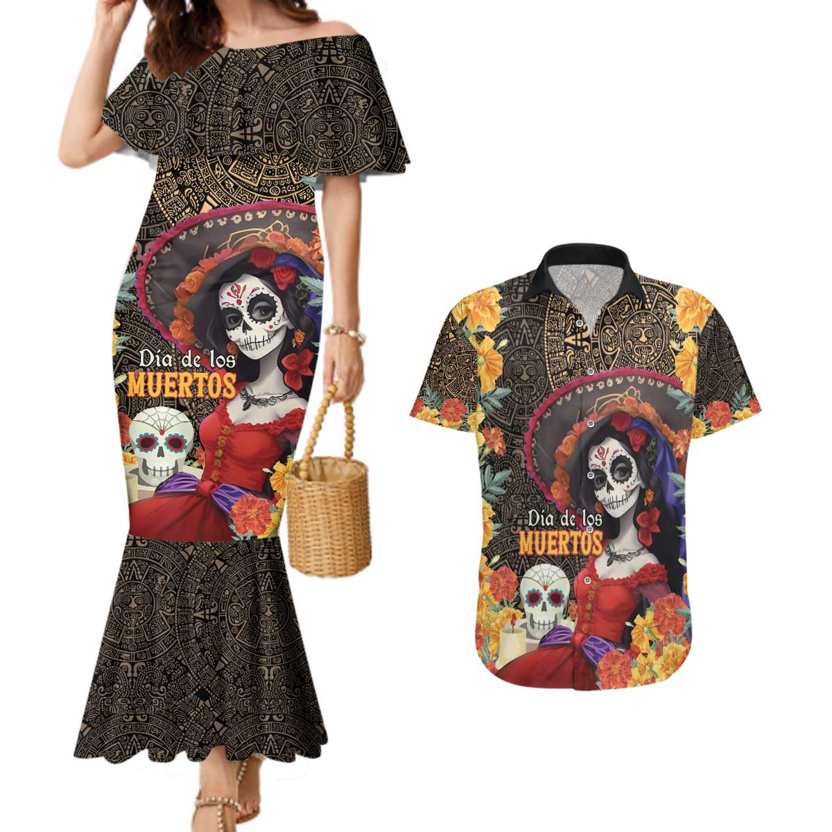 Mexico Day Of The Dead Couples Matching Mermaid Dress and Hawaiian Shirt La Catrina Mix Cempasuchil Aztec Pattern