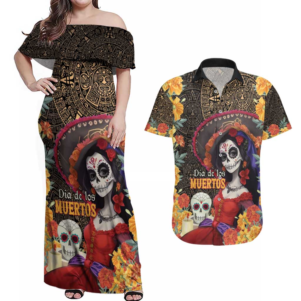 Mexico Day Of The Dead Couples Matching Off Shoulder Maxi Dress and Hawaiian Shirt La Catrina Mix Cempasuchil Aztec Pattern