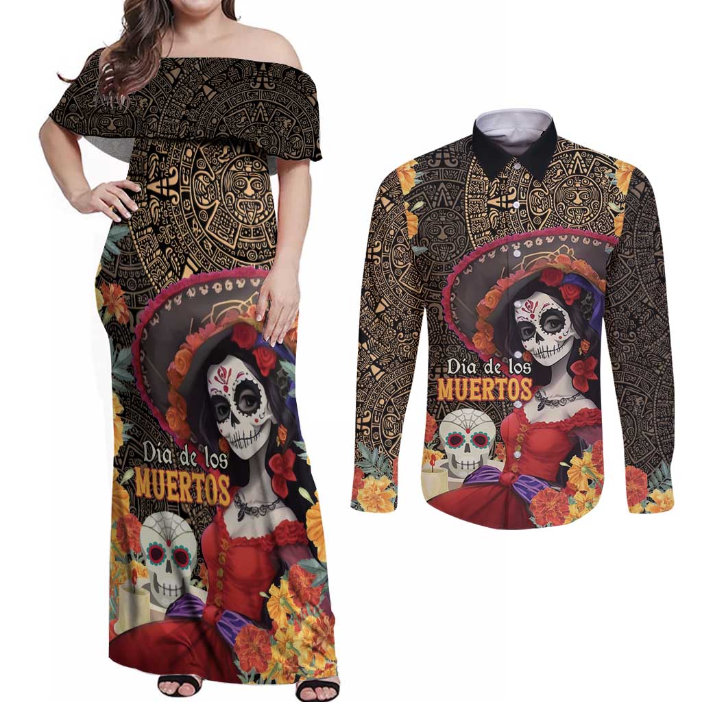 Mexico Day Of The Dead Couples Matching Off Shoulder Maxi Dress and Long Sleeve Button Shirt La Catrina Mix Cempasuchil Aztec Pattern