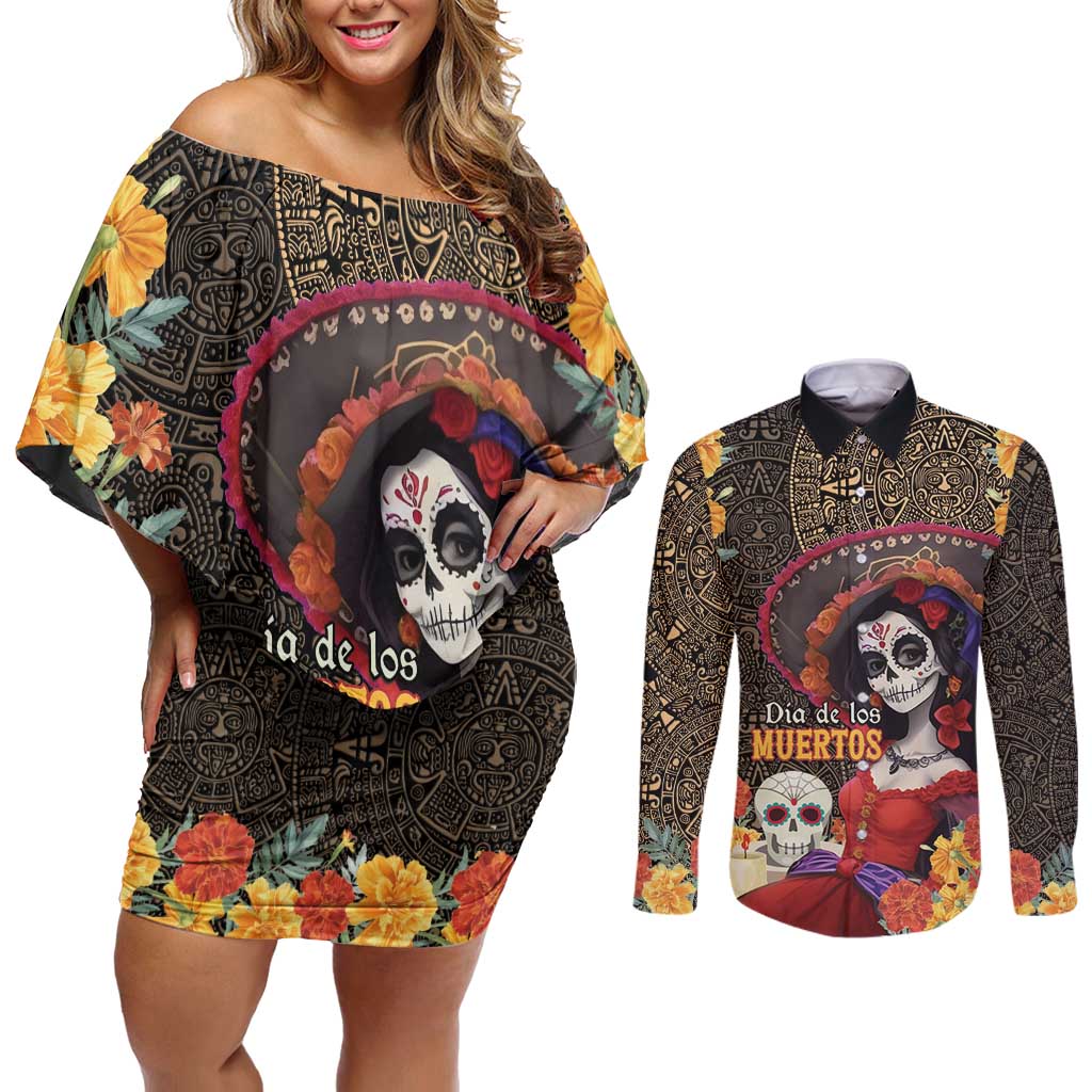 Mexico Day Of The Dead Couples Matching Off Shoulder Short Dress and Long Sleeve Button Shirt La Catrina Mix Cempasuchil Aztec Pattern LT15