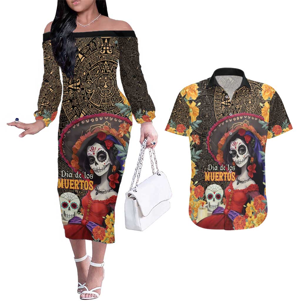 Mexico Day Of The Dead Couples Matching Off The Shoulder Long Sleeve Dress and Hawaiian Shirt La Catrina Mix Cempasuchil Aztec Pattern