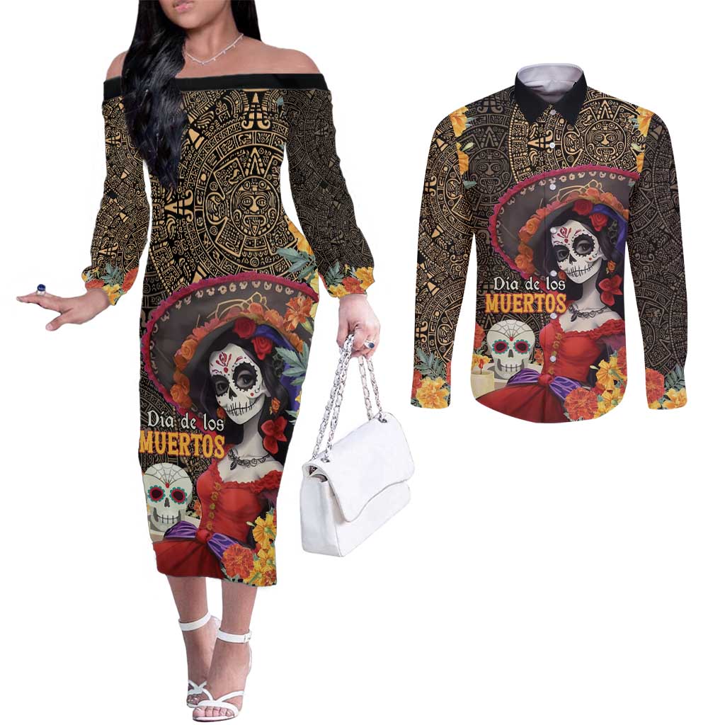 Mexico Day Of The Dead Couples Matching Off The Shoulder Long Sleeve Dress and Long Sleeve Button Shirt La Catrina Mix Cempasuchil Aztec Pattern