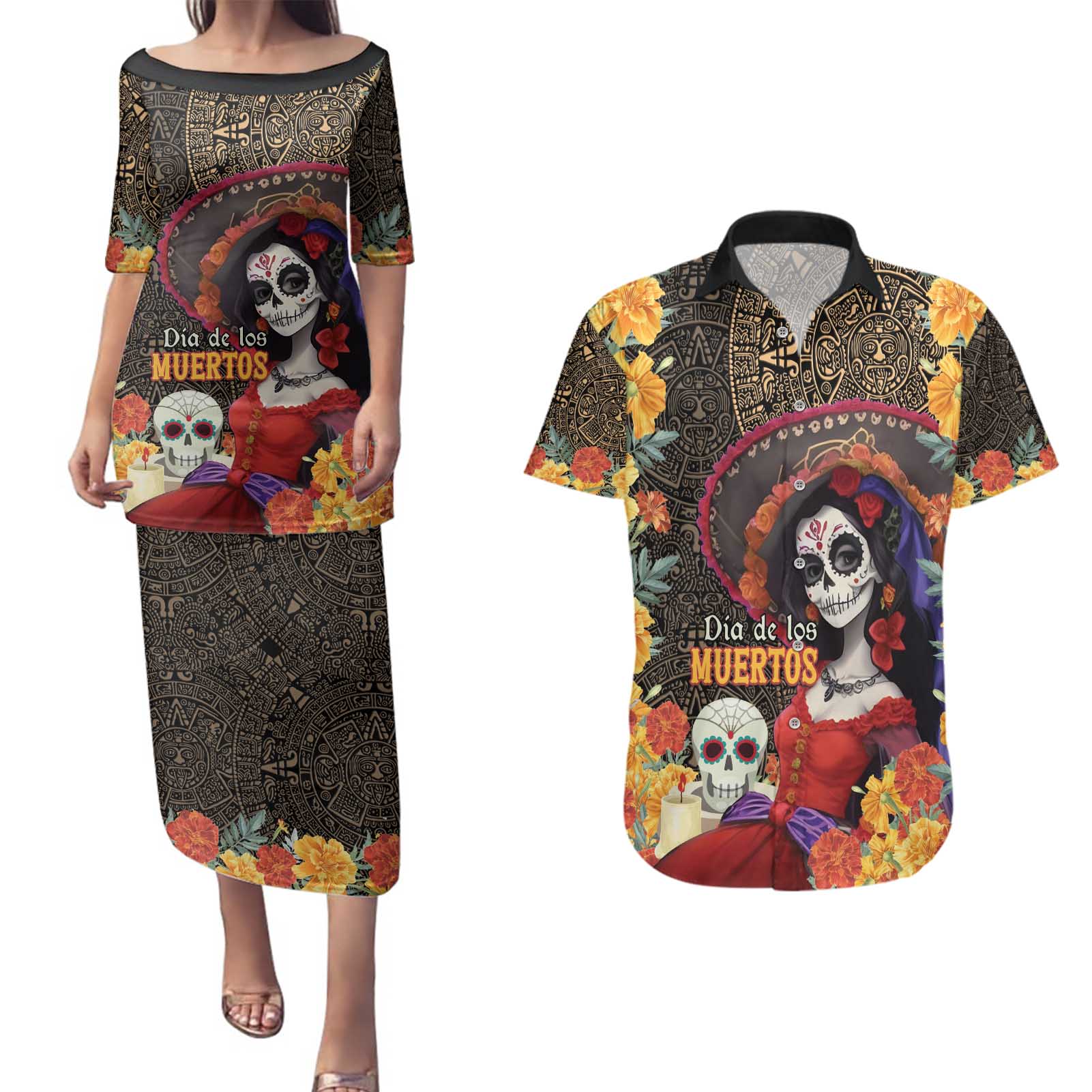 Mexico Day Of The Dead Couples Matching Puletasi and Hawaiian Shirt La Catrina Mix Cempasuchil Aztec Pattern