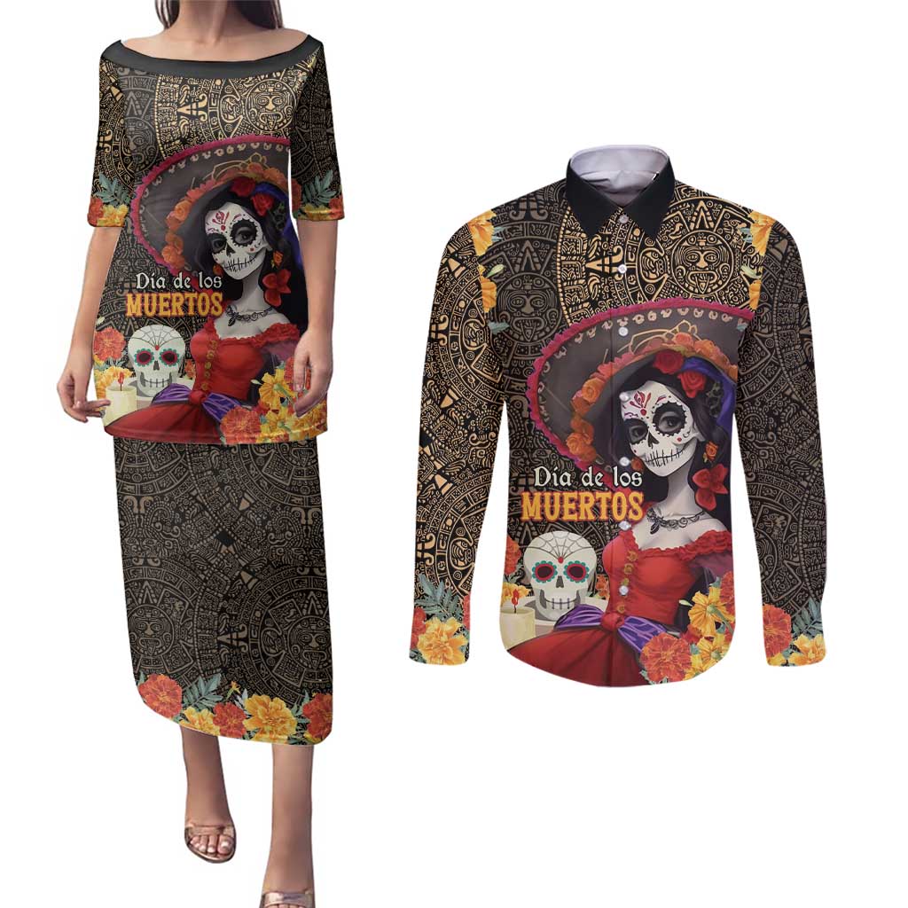 Mexico Day Of The Dead Couples Matching Puletasi and Long Sleeve Button Shirt La Catrina Mix Cempasuchil Aztec Pattern