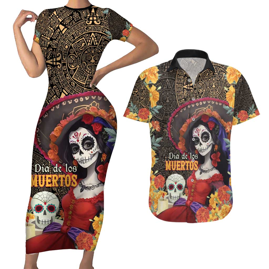 Mexico Day Of The Dead Couples Matching Short Sleeve Bodycon Dress and Hawaiian Shirt La Catrina Mix Cempasuchil Aztec Pattern