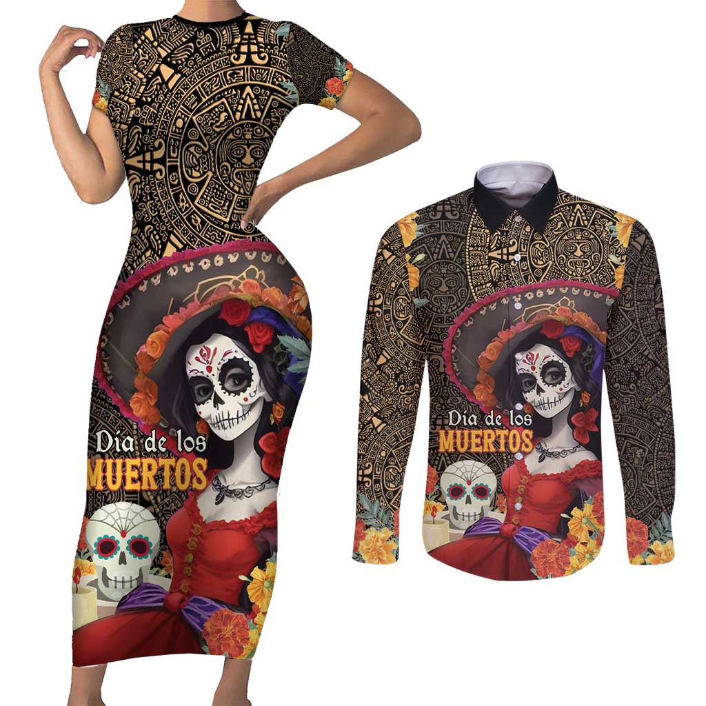 Mexico Day Of The Dead Couples Matching Short Sleeve Bodycon Dress and Long Sleeve Button Shirt La Catrina Mix Cempasuchil Aztec Pattern