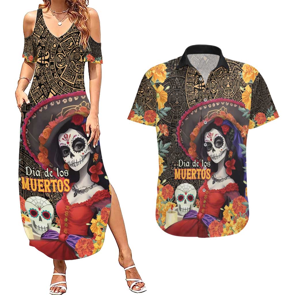 Mexico Day Of The Dead Couples Matching Summer Maxi Dress and Hawaiian Shirt La Catrina Mix Cempasuchil Aztec Pattern