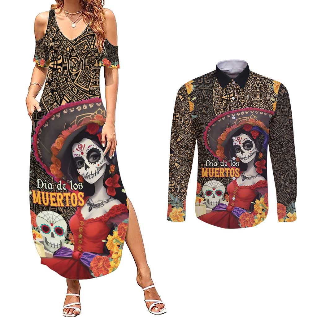 Mexico Day Of The Dead Couples Matching Summer Maxi Dress and Long Sleeve Button Shirt La Catrina Mix Cempasuchil Aztec Pattern