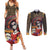 Mexico Day Of The Dead Couples Matching Summer Maxi Dress and Long Sleeve Button Shirt La Catrina Mix Cempasuchil Aztec Pattern